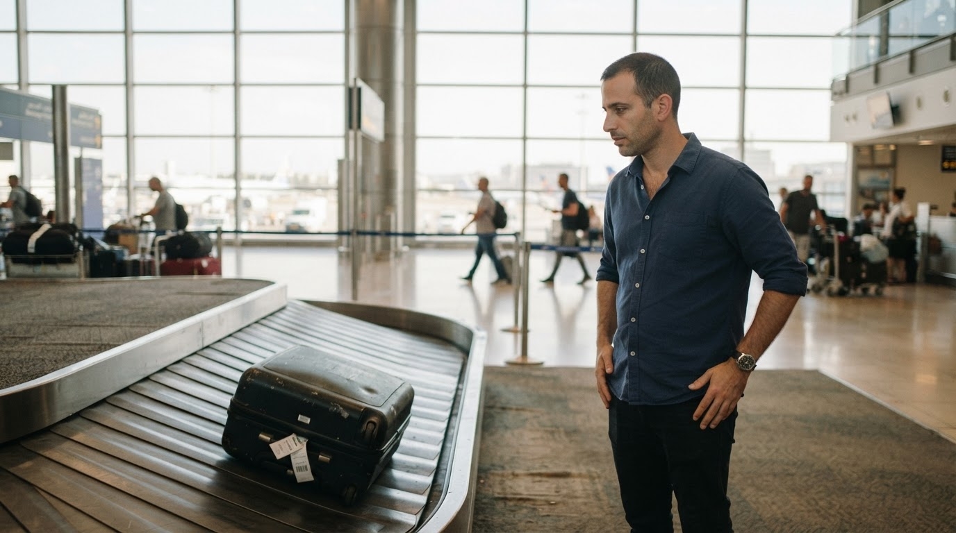 מזוודה בודדת על מסוע בשדה תעופה — ביטוח כבודה ואובדן מזוודה