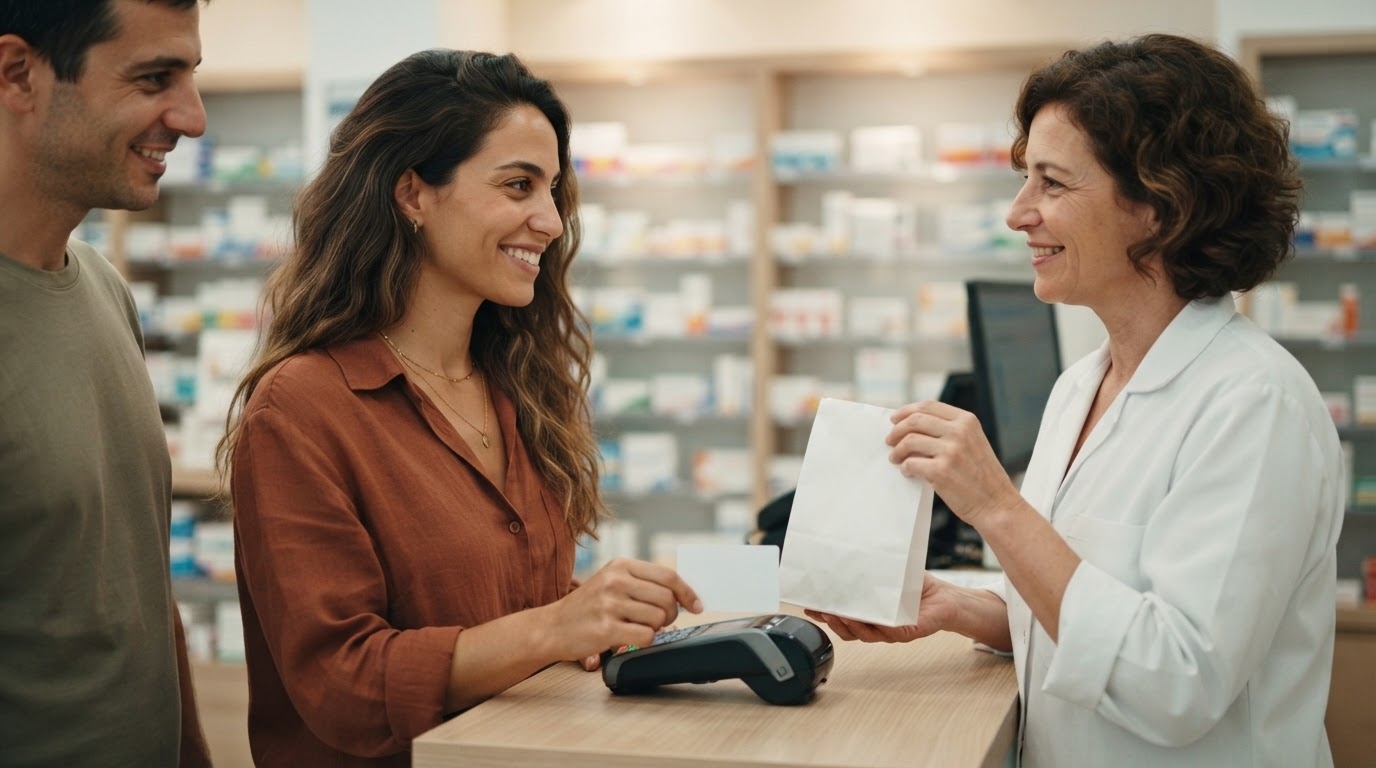 מטיילת משלמת בכרטיס PassportCard בבית מרקחת בחו"ל — חירום רפואי בחו"ל