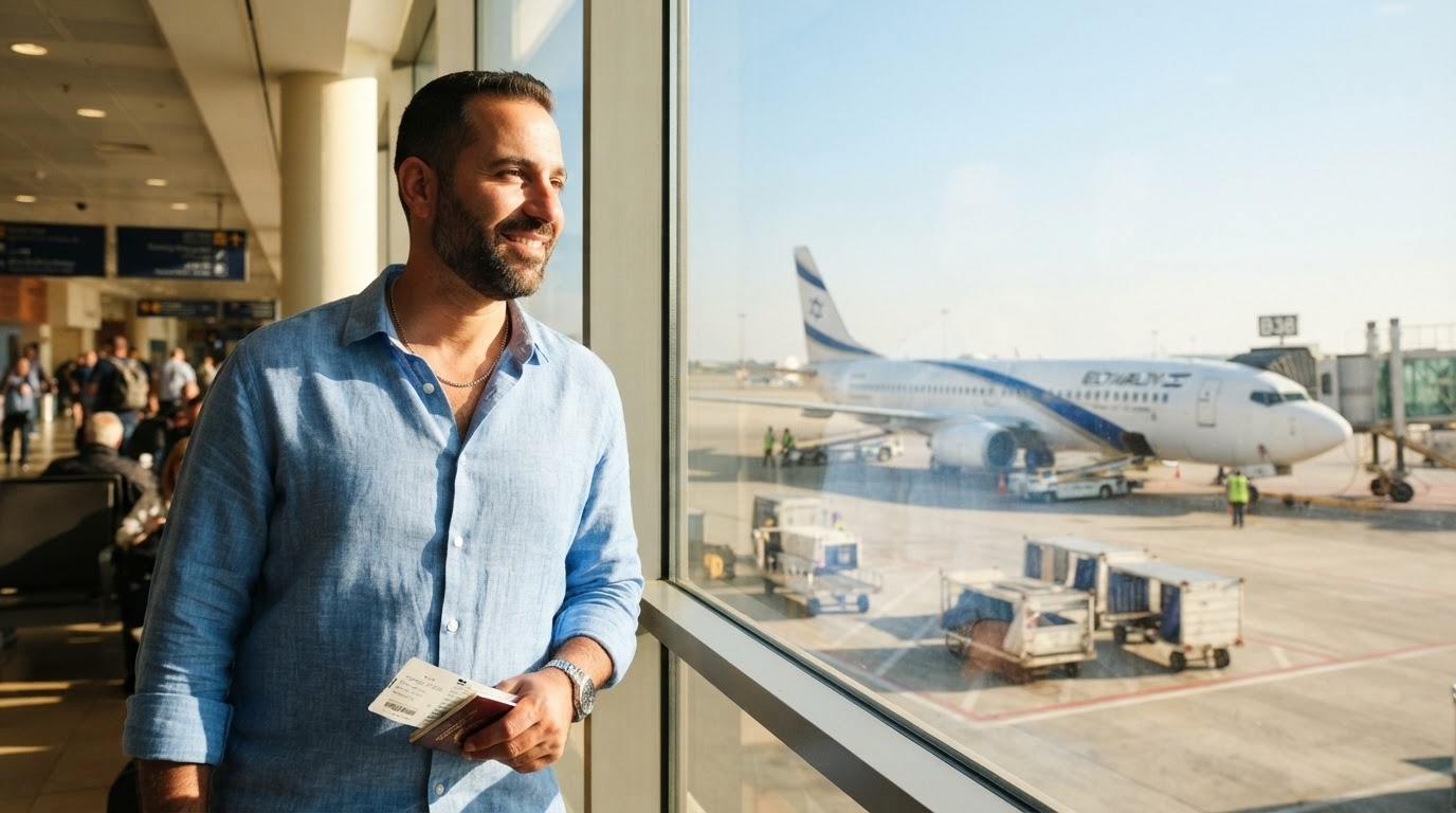 מטייל ישראלי בטרמינל מול מטוס אל על לפני טיסה